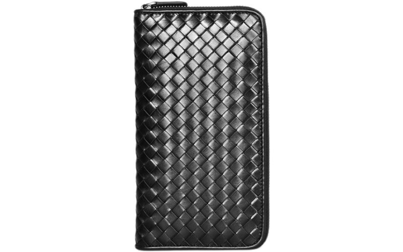 男士手拿包长款拉链钱包男潮牌手工编织胎牛皮多卡位大容量